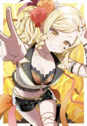 1girl absurdres arm_strap armlet black_shorts blonde_hair blurry blurry_foreground border bra braid breasts cleavage collarbone facial_mark floating_hair grin highres jewelry leaning_forward leg_ribbon long_hair looking_at_viewer love_live! love_live!_nijigasaki_high_school_idol_club medium_breasts midriff miyashita_ai nail_polish navel orange_bra orange_nails orange_ribbon parted_bangs ribbon ring short_shorts shorts side_ponytail smile solo stomach thigh_gap triangle_necklace underwear v white_border yellow_background yellow_eyes yuu_(shampoohatslime)