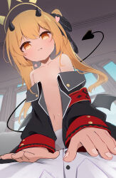 1boy 1girl :p absurdres armband black_jacket black_ribbon black_tail black_wings blonde_hair blue_archive blush collarbone demon_tail demon_wings flat_chest foreshortening hair_ribbon halo heart highres horns ibuki_(blue_archive) indoors jacket loli looking_at_viewer low_wings moepu. navel open_clothes open_jacket orange_eyes panties pov red_armband ribbon sensei_(blue_archive) shirt straddling sweat tail tongue tongue_out twintails underwear white_shirt wings yellow_halo
