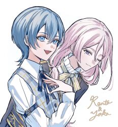 2boys :d ;) androgynous black_jacket blue_eyes blue_ribbon blue_vest blunt_sidelocks boys_be_maid! character_name collared_shirt frilled_shirt_collar frills hair_between_eyes hand_on_own_chest highres jacket kisaki_yoka leaning_forward long_hair long_sleeves looking_at_viewer looking_to_the_side low_ponytail male_focus multicolored_eyes multiple_boys neck_ribbon one_eye_closed open_mouth pink_eyes pink_hair plaid_clothes plaid_vest ponytail ribbon school_uniform shirt short_hair sidelocks simple_background sleeve_garter smile striped_ribbon tagari_6 takashina_ranto two-tone_eyes vest white_background white_shirt yellow_ribbon