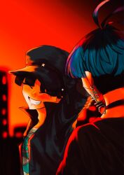 2boys black_background black_hair blue_hair blush closed_eyes earrings eyelashes highres japanese_clothes jewelry male_focus maruko_gaku multicolored_hair multiple_boys omokage_yugamu open_mouth orange_background smile sunlight sunset teeth the_hundred_line_-last_defense_academy- upper_body