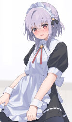 1boy absurdres alternate_costume alternate_hairstyle apron asuka_minato black_bow black_skirt blue_hair blush bow braid commentary_request cowboy_shot crown_braid embarrassed enmaided eyes_visible_through_hair frilled_apron frills furrowed_brow hair_between_eyes hair_bow highres hotarihotaru looking_at_viewer maid maid_apron maid_headdress medium_hair neck_ribbon nose_blush open_mouth otome_domain puffy_short_sleeves puffy_sleeves red_eyes red_ribbon ribbon short_sleeves sidelocks simple_background single_hair_intake skirt skirt_tug solo trap tsurime two_side_up wavy_mouth white_apron white_background white_wrist_cuffs wrist_cuffs