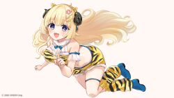 Rule 34 | 1girl, :d, animal ears, animal print, bare shoulders, blonde hair, blue shoes, breasts, brown background, fur-trimmed shorts, fur trim, hair ornament, highres, hololive, horns, index finger raised, lightning bolt, lightning bolt hair ornament, lightning bolt symbol, long hair, looking at viewer, loose socks, medium breasts, navel, official art, open mouth, print shorts, print socks, purple eyes, rino cnc, sheep ears, sheep girl, sheep horns, shoes, short shorts, shorts, simple background, smile, socks, tiger print, tsunomaki watame, very long hair, virtual youtuber, yellow shorts, yellow socks