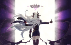 1girl belt black_belt black_gloves black_halo black_horns blue_archive coat coat_on_shoulders demon_girl demon_horns demon_wings floating_hair from_behind fur-trimmed_coat fur_collar fur_trim gloves hair_ornament halo highres hina_(blue_archive) horns jacket light_particles long_hair long_sleeves low_wings military military_jacket military_uniform miniskirt multiple_horns parody pencil_skirt purple_wings sam_browne_belt sidelocks skirt solo thighhighs white_hair wings wucai_banlan_yu yu-gi-oh! yu-gi-oh!_duel_monsters zettai_ryouiki