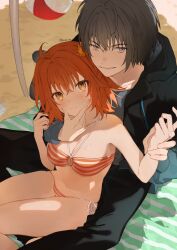1boy 1girl ahoge beach bikini black_hair black_jacket black_pants blue_shirt blush breasts cheek_squash cleavage drawstring fate/grand_order fate_(series) fujimaru_ritsuka_(female) fujimaru_ritsuka_(female)_(brilliant_summer) grabbing_another&#039;s_hand grey_eyes hair_between_eyes hair_ornament hair_scrunchie highres hood hooded_jacket jacket long_sleeves looking_at_viewer medium_breasts navel o-ring o-ring_bikini o-ring_top oberon_(fate) oberon_(moody_summer_oberon)_(fate) official_alternate_costume one_side_up orange_bikini orange_eyes orange_hair orange_scrunchie pants romo827 scrunchie shirt short_hair side_ponytail sitting sitting_on_lap sitting_on_person smile striped_bikini striped_clothes swimsuit yellow_scrunchie