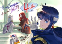 1girl 2boys anniversary blue_eyes blue_hair brother_and_sister cape card card_game circlet commentary_request copyright_name fire_emblem fire_emblem:_genealogy_of_the_holy_war fire_emblem_cipher gloves headband holding holding_card julia_(fire_emblem) julius_(fire_emblem) long_hair multiple_boys nintendo official_art playing_card ponytail red_hair seliph_(fire_emblem) siblings signature smile suzuki_rika translation_request white_gloves