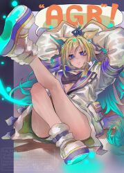 Rule 34 | 1girl, absurdres, ahoge, animal ears, arms up, blonde hair, blue eyes, blue hair, breasts, closed mouth, colored inner hair, commentary request, ear ornament, frown, gradient hair, highres, horse ears, horse girl, horse tail, jacket, legs, legs up, long hair, looking at viewer, multicolored hair, neo universe (umamusume), open clothes, open jacket, shoe soles, sitting, small breasts, solo, tail, thighhighs, tonariuta, two-tone hair, umamusume, wariza, watermark, white jacket