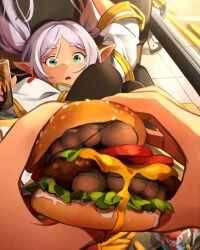black_pantyhose burger feet feet_burger_(meme) food foot_focus frieren holding holding_food khyle. meme pantyhose pointy_ears sousou_no_frieren toenails toes