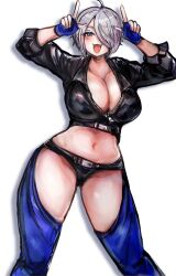 1girl angel_(kof) backless_pants blue_eyes bra breasts chaps cleavage crop_top cropped_jacket fingerless_gloves gloves hair_over_one_eye highres horns_pose index_fingers_raised jacket large_breasts leather leather_jacket looking_at_viewer midriff navel panties pants short_hair smile snk solo strapless strapless_bra sugoatm2 the_king_of_fighters the_king_of_fighters_xiv toned toned_female underwear white_hair