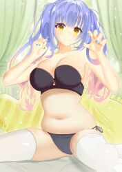 1girl absurdres all_happy alternate_costume bare_shoulders black_bra black_panties blonde_hair blue_hair blue_nails bra breasts claw_pose closed_mouth collarbone commentary_request curtains curvy eyelashes eyes_visible_through_hair feet_out_of_frame gradient_hair gyaru hair_between_eyes hands_up heart heart-shaped_pillow highres indoors kohibari_kurumi large_breasts long_hair looking_at_viewer multicolored_hair nail_polish navel on_bed panties pillow plump raised_eyebrows side-tie_panties sidelocks sitting skindentation smile solo split_mouth stomach strapless strapless_bra tenshi_souzou_re-boot! thighhighs thighs twintails underwear wariza white_thighhighs yellow_eyes yellow_nails