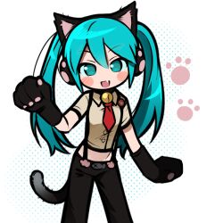 Rule 34 | 1girl, animal ears, animal hands, aqua eyes, aqua hair, bell, black pants, brown shirt, cat ears, cat tail, collared shirt, fake animal ears, fake tail, fang, gloves, hatsune miku, hatsune miku (nyan ko), headphones, jjjjtaaaku, long hair, looking at viewer, neck bell, open mouth, pants, paw gloves, paw print, project diva (series), shirt, short sleeves, simple background, solo, suspenders, tail, twintails, vocaloid