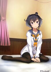 1girl absurdres anchor arms_between_legs black_hair black_pantyhose blush brown_eyes curtains dress gradient_hair grey_hair hairband hat headgear highres indoors kantai_collection looking_at_viewer mini_hat multicolored_hair neckerchief on_bed pantyhose sailor_collar sailor_dress school_uniform seamed_legwear shirt short_hair short_hair_with_long_locks side-seamed_legwear sitting smile solo sorairo_haruka tied_shirt tokitsukaze_(kancolle) wariza window yellow_neckerchief