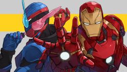 2boys arc_reactor armor bbbb_fex blue_armor blue_eyes crossover fullbottle heterochromia highres iron_man iron_man_(2008) iron_man_(series) kamen_rider kamen_rider_build kamen_rider_build_(series) marvel marvel_cinematic_universe multiple_boys power_armor rabbit+tank_form red_armor red_eyes trait_connection white_eyes