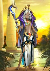 1boy ahoge ancient_egyptian ancient_egyptian_clothes arm_at_side bracelet bright_pupils child closed_mouth dark-skinned_male dark_skin day fate/grand_order fate_(series) full_body game_cg gold_sandals grey_eyes hair_over_shoulder hair_tie hand_up holding holding_staff jewelry legs_apart lily_pad long_hair long_skirt looking_at_viewer low-tied_long_hair male_focus navel neck_tattoo nemes no_shirt official_art orange_sky parted_bangs pharaoh sandals side_slit skirt sky smile solo staff standing stomach_tattoo sun sunlight tattoo third-party_source toes tutankhamun_(fate) tutankhamun_(second_ascension)_(fate) usekh_collar white_hair white_pupils white_skirt yoco_n_(lasengle)