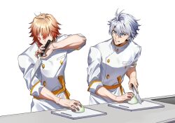 Rule 34 | 2boys, blonde hair, blue eyes, commentary request, cutting board, cutting onions, faceless, faceless male, gradient hair, highres, holding, holding knife, honkai: star rail, honkai (series), knife, male focus, multicolored hair, multiple boys, mydei (chrysos chef) (honkai: star rail), mydei (honkai: star rail), phainon (chrysos chef) (honkai: star rail), phainon (honkai: star rail), red hair, shirt, simple background, white background, white hair, white shirt, yuka (pixiv38407039)