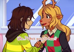 1girl 1other alternate_skin_color animal_ears antlers blonde_hair brown_hair checkered_clothes checkered_vest deer_antlers deer_ears deer_girl deltarune drawthiere furry furry_female highres horns kris_(deltarune) long_hair long_sleeves noelle_holiday reindeer_girl teeth two-tone_sweater_vest vest weird_route_(deltarune)