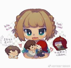 1girl :3 :d aqua_eyes aqua_shirt bare_shoulders blush braid brown_hair ceren_(fata_morgana_no_yakata) character_doll chibi chibi_inset chinese_commentary chinese_text commentary_request cropped_torso dark-skinned_female dark_skin doll fang fata_morgana_no_yakata hand_puppet heart jacopo_bearzatti jewelry looking_at_object morgana_(fata_morgana_no_yakata) necklace open_mouth puppet shirt short_hair smile translation_request twin_braids white_background yuer6350