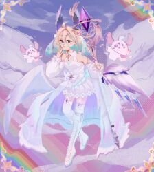 1girl aloupeep_(enna_alouette) aqua_hair artist_name bare_shoulders blonde_hair blue_skirt blue_sky boots bow closed_mouth cloud cloudy_sky colored_tips commentary creature day detached_sleeves dress english_commentary enna_alouette feathered_wings floating flower flower_trim frown green_nails halftone hand_up head_wings high-low_skirt highres holding holding_staff knee_boots long_sleeves looking_at_viewer medium_hair multicolored_hair multicolored_skirt nijisanji nijisanji_en puffy_detached_sleeves puffy_long_sleeves puffy_sleeves purple_eyes purple_skirt purple_wings rainbow skirt sky solo staff thighhighs virtual_youtuber waist_bow white_boots white_bow white_dress white_flower white_skirt white_thighhighs white_wings wings yaeccia