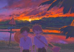 2boys bag belt black_pants brown_hair cable closed_eyes collared_shirt cowboy_shot fishcoooo grass grey_hair grin hair_between_eyes hat high-waist_pants highres holding_hands ikari_shinji leaf lens_flare male_focus mountainous_horizon multiple_boys nagisa_kaworu neon_genesis_evangelion pants reflection reflective_water road_sign shirt short_hair shoulder_bag sign smile sun_glare sun_hat sunset undershirt unworn_hat unworn_headwear utility_pole white_shirt