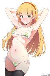 1girl :q absurdres armpits arms_behind_head bikini black_thighhighs blonde_hair breasts commentary_request green_bikini green_eyes hairband heanna_sumire highres legs licking_lips long_hair looking_at_viewer love_live! love_live!_superstar!! medium_breasts navel red_hairband roswell_ss side-tie_bikini_bottom simple_background smile solo striped_bikini striped_clothes swimsuit thighhighs thighs tongue tongue_out twitter_username white_background