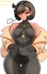1girl anisdrawn bare_shoulders black_bodysuit black_hair blue_eyes blush bodysuit breasts dark-skinned_female dark_skin emma_(pokemon) gloves highres jacket large_breasts looking_at_viewer nintendo open_clothes open_jacket open_mouth parted_lips pokemon pokemon_legends:_z-a short_hair simple_background smile solo teeth thigh_gap white_background