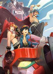 Rule 34 | 1girl, 2boys, absurdres, arm up, belt, bikini, bikini top only, black hair, black pants, blue hair, blue jacket, boota (ttgl), breasts, drill, elbow sleeve, flame print, from below, gurren-lagann, hair ornament, hairpin, high ponytail, highres, jacket, kamina (ttgl), kamina shades, large breasts, letro, multiple boys, open mouth, pants, ponytail, red hair, robot, short shorts, shorts, sideboob, sidelocks, simon (ttgl), sitting, sky, studded belt, swimsuit, tengen toppa gurren lagann, triangular eyewear, white footwear, wrist cuffs, yoko littner