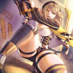 1girl :d ahoge anis_(nikke) beret black_jacket black_shorts black_thighhighs breasts brown_eyes cleavage commentary english_commentary fingerless_gloves gloves goddess_of_victory:_nikke grenade_launcher gun hair_ornament hat holding holding_gun holding_weapon jacket knee_pads large_breasts on_one_knee open_mouth outdoors overmikii short_hair shorts single_glove single_knee_pad smile solo thighhighs weapon