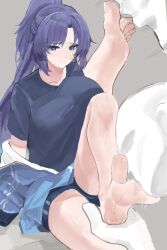 1boy 1girl absurdres barefoot blue_archive blue_eyes blue_hair doodle_sensei_(blue_archive) feet foot_worship gym_uniform highres licking_foot light_blush long_hair sensei_(blue_archive) soles steam sweat tiansuo_haoer toes yuuka_(blue_archive) yuuka_(track)_(blue_archive)