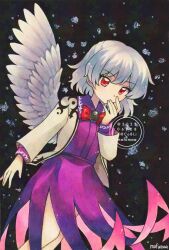 Rule 34 | 1girl, angel wings, artist name, bow, bowtie, commentary, dated, dress, feathered wings, grey hair, hashtag-only commentary, highres, jacket, kishin sagume, long sleeves, looking at viewer, maa (forsythia1729), open clothes, open jacket, purple dress, red bow, red bowtie, red eyes, single wing, solo, suit jacket, touhou, traditional media, twitter username, watermark, white wings, wings
