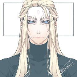 1boy black_shirt blonde_hair blue_eyes cheekbones closed_mouth facial_mark final_fantasy final_fantasy_xiv forehead_mark hiryuu_(kugelcruor) long_hair looking_at_viewer male_focus pale_skin parted_bangs portrait scar scar_across_eye scar_on_face shirt signature solo turtleneck upper_body varis_zos_galvus white_background