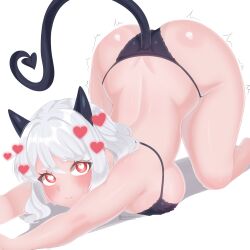 Rule 34 | absurdres, ass, bikini, black bikini, breasts, cat, cat stretch, demon, demon girl, demon horns, demon tail, heart, highres, horns, huge ass, modeus (helltaker), non-web source, red eyes, sacchanart, self-upload, sideboob, stretching, swimsuit, tail, trembling, white hair