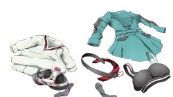belt black_bra black_panties boyshort_panties bra dress gundam gundam_gquuuuuux highres necktie open_clothes open_dress panties pleated_dress socks sports_bra striped_necktie sweater transparent_background underwear unworn_clothes