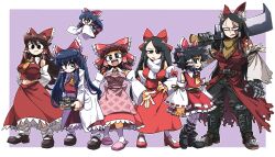 6+girls :d absurdres amerika_zarigani apron armored_boots arms_behind_back ascot bags_under_eyes bandana belt black_belt black_eyes black_footwear black_hair black_pants blunt_bangs blush book book_stack boots bow breasts bright_pupils brooch brown_hair burn_scar buttons cleaver closed_mouth coat collared_shirt commentary_request constricted_pupils cookie_(touhou) cowlick detached_sleeves dress empty_eyes expressionless flat_chest flying forehead frilled_bow frilled_hair_tubes frilled_shirt_collar frilled_skirt frills full_body gauntlets glaring hair_bow hair_tubes hakurei_reimu hand_on_own_hip haruka_(cookie) highres holding holding_book holding_sword holding_weapon hotaruda_(cookie) jewelry lab_coat large_breasts leaning_forward long_hair looking_at_viewer looking_to_the_side loose_socks mary_janes medium_breasts midriff mini_person minigirl multiple_girls navel necktie noel_(cookie) open_clothes open_coat open_mouth pants pantyhose pink_apron pink_slippers profile purple_background red_bow red_coat red_dress red_footwear red_shirt red_skirt red_vest ribbon ribbon-trimmed_sleeves ribbon_trim round_teeth rurima_(cookie) scar scar_across_eye scar_on_face scarf sharp_teeth shinonome_(cookie) shiromiya_rei shirt shoes short_hair sidelocks skirt skirt_set sleeve_bow sleeve_ribbon sleeveless sleeveless_shirt slippers smile socks standing swept_bangs sword teeth torn_clothes torn_coat torn_sleeves touhou two-tone_background upper_teeth_only v-shaped_eyebrows vest weapon white_background white_coat white_pantyhose white_pupils white_scarf white_sleeves white_socks wide_sleeves yellow_ascot yellow_bandana yellow_necktie yellow_ribbon yuki_haruka