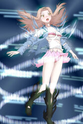 Rule 34 | 1girl, blue vest, breasts, brown eyes, cleavage, commentary request, digimon, digimon adventure tri., digimon frontier, exploding clothes, henshin, jewelry, long hair, necklace, shirt, small breasts, solo, spirit evolution, tachikawa mimi, torn clothes, transformation, vest, white shirt, withlike