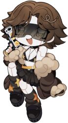 1girl arm_at_side bare_shoulders belt black_bra black_gloves black_leg_warmers black_shoes black_skirt blur_layer bra breasts brown_coat brown_hair c: choker coat colored_skin curtained_hair deformed dot_nose fingerless_gloves flipped_hair full_body fur-trimmed_coat fur-trimmed_sleeves fur_trim gloves goggles gun hair_ornament hand_up happy holding holding_gun holding_weapon invisible_chair jewelry joints knee_up layered_skirt leg_warmers looking_at_viewer midriff navel necklace nekosharpie open_mouth original pendant pigeon-toed platform_shoes pleated_skirt print_leg_warmers robot robot_joints shoes short_hair simple_background single_sleeve_past_wrist sitting skirt small_breasts smile solo star_(symbol) star_print tachi-e tinted_eyewear transparent_background underwear weapon white_skin yellow_belt yellow_eyes