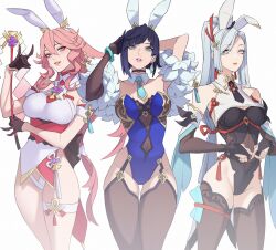 3girls animal_ears blue_eyes breasts citemer detached_collar detached_sleeves garter_straps genshin_impact grey_eyes hair_ornament hand_in_own_hair hand_up highres large_breasts leotard long_hair multiple_girls pink_eyes pink_hair playboy_bunny ponytail purple_hair rabbit_ears rope rope_belt see-through_clothes see-through_leotard shenhe_(genshin_impact) short_hair simple_background symmetrical_hand_pose thigh_strap thighhighs thighs very_long_hair white_background white_hair wristband yae_miko yelan_(genshin_impact)