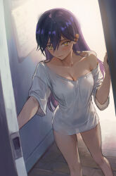 1girl absurdres bare_legs black_hair blush bottomless breasts cleavage closed_mouth collarbone dark-skinned_female dark_skin door doorway gundam gundam_gquuuuuux highres kryp132 long_hair looking_at_viewer medium_breasts naked_shirt nyaan_(gundam_gquuuuuux) off_shoulder open_door opening_door oversized_clothes oversized_shirt pov pov_doorway see-through_silhouette shirt white_shirt yellow_eyes