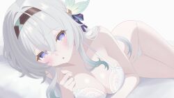1girl :o absurdres belly blue_pupils blush bra breasts brown_hairband cleavage firefly_(honkai:_star_rail) fuminshou_(nekopan_art) gradient_eyes gradient_hair grey_hair hair_between_eyes hair_intakes hair_ornament hair_ribbon hairband highres honkai:_star_rail honkai_(series) large_breasts lingerie long_hair lying multicolored_eyes multicolored_hair navel on_side open_mouth panties ribbon simple_background solo underwear white_background white_bra white_panties