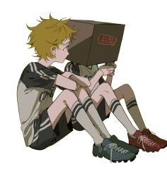 2boys blonde_hair blue_eyes box box_on_head bx6yg cardboard_box cleats craig_tucker crossed_arms full_body highres holding holding_phone knees_up looking_at_another male_focus multiple_boys phone short_hair short_sleeves shorts sitting soccer_uniform south_park sportswear tweek_tweak