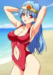 1girl absurdres arms_behind_head beach blue_hair blue_sky breasts circlet cleavage clothing_cutout cloud collarbone commentary_request cowboy_shot day dragon_quest dragon_quest_iii highleg highleg_one-piece_swimsuit highres horizon large_breasts long_hair navel_cutout ocean one-piece_swimsuit open_mouth outdoors red_eyes red_one-piece_swimsuit revealing_swimsuit_(dq) sage_(dq3) sky smile solo swimsuit yuuyuu_(3jjbn)