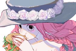 1girl black_eyes braid burger commentary_request eating eyelashes flower food gunjo_shizuko hat hat_flower highres long_hair looking_at_viewer one_piece perona pink_hair rose simple_background solo twitter_username upper_body white_background white_flower white_rose