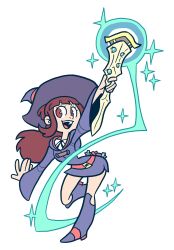 Rule 34 | 1girl, boots, brown eyes, brown hair, commentary, dress, drooling demon, english commentary, full body, hat, highres, holding, holding staff, kagari atsuko, knee boots, little witch academia, long hair, looking at viewer, luna nova school uniform, open mouth, pointy hat, purple boots, purple dress, purple hat, school uniform, shiny rod (little witch academia), simple background, solo, staff, standing, standing on one leg, teeth, upper teeth only, white background, witch