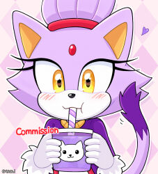 1girl blaze_the_cat blush cat_girl cat_tail closed_mouth coat commentary commission cup drinking drinking_straw drinking_straw_in_mouth english_commentary eyelashes forehead_jewel furry furry_female gloves hobi_(4622j) holding holding_cup looking_at_viewer purple_coat purple_fur solo sonic_(series) tail twitter_username white_gloves yellow_eyes