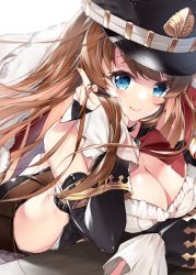 1girl 218 black_hat blue_eyes breasts brown_hair cleavage closed_mouth female_focus fingernails granblue_fantasy hat large_breasts lecia_(granblue_fantasy) long_hair looking_at_viewer lying on_stomach peaked_cap red_neckwear red_ribbon ribbon smile solo