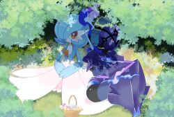 alternate_color arm_blade basket blue_hair blue_skin bob_cut bush ceruledge colored_skin dress gardevoir gen_3_pokemon grass hair_over_one_eye mizuki_(sjsj_10) multicolored_skin nintendo on_grass pokemon pokemon_(creature) shiny_pokemon sitting smile two-tone_skin weapon white_dress white_skin
