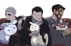 3boys 4keta alolan_form alolan_persian arm_on_another&#039;s_shoulder arms_up bags_under_eyes beard black_hair black_pants black_suit blue_gemstone cat claws closed_eyes collared_shirt colored_sclera commentary_request couch crossed_legs dark-skinned_male dark_skin elbow_on_knee facial_hair fangs feet_out_of_frame forehead_jewel formal_clothes gem gen_7_pokemon gen_8_pokemon giovanni_(pokemon) green_eyes grey_fur grey_hair grey_pants grey_shirt grey_suit hand_on_another&#039;s_chin highres horns layered_sleeves looking_at_viewer looking_to_the_side male_focus mature_male multiple_boys mustache nanu_(pokemon) necktie nintendo on_couch on_lap one_eye_closed open_collar open_mouth own_hands_clasped own_hands_together pants pawpads perrserker persian_(pokemon) pokemon pokemon_rgby pokemon_sm pokemon_swsh red_eyes red_gemstone red_necktie red_sclera rose_(pokemon) sharp_teeth shirt short_hair sideways_glance sitting sitting_on_lap sitting_on_person smile suit tail teeth tongue whiskers white_background white_fur white_shirt wing_collar