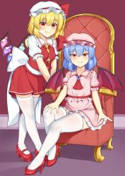 2girls akasaka_sato bat_wings blonde_hair blue_hair breasts chair closed_mouth crystal_wings embodiment_of_scarlet_devil fang flandre_scarlet full_body hat high_heels highres mob_cap multiple_girls pink_hat pink_shirt pink_skirt pointy_ears red_eyes red_shirt red_shoes red_skirt remilia_scarlet shirt shoes short_hair siblings side_ponytail sisters sitting skirt small_breasts standing thighhighs touhou white_hat white_thighhighs wings