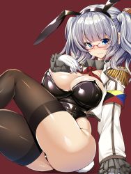Rule 34 | &gt;:3, 1girl, :3, absurdres, animal ears, areola slip, beret, bespectacled, black leotard, black thighhighs, blue eyes, blush, breasts, epaulettes, fake animal ears, female focus, frilled sleeves, frills, glasses, gloves, hat, highres, kantai collection, kashima (kancolle), kerchief, large breasts, leotard, looking at viewer, military, military uniform, playboy bunny, rabbit ears, rabbit tail, red-framed eyewear, simple background, smile, solo, strapless, strapless leotard, tail, thighhighs, torisan, tsurime, twintails, v-shaped eyebrows, wavy hair, white gloves