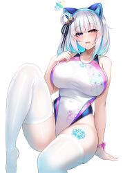 Rule 34 | 1girl, absurdres, animal ear headphones, animal ears, bashamichi hagemi, bell, blue eyes, blue hair, blush, body markings, breasts, cat ear headphones, cat ears, colored inner hair, competition swimsuit, fake animal ears, hair ornament, half-closed eyes, headphones, heterochromia, highleg, highres, indie virtual youtuber, kutan, large breasts, leg tattoo, looking at viewer, mole, mole under eye, multicolored hair, no shoes, one-piece swimsuit, open mouth, red eyes, ribbon, short hair, simple background, sitting, smile, solo, swimsuit, tattoo, thighhighs, thighs, variant set, virtual youtuber, white background, white hair, white one-piece swimsuit, white thighhighs, wrist ribbon, yellow eyes