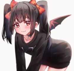 1girl bat_wings black_dress black_hair black_sweater blush breasts choker closed_mouth cross cross_necklace dress fangs hair_ribbon indie_virtual_youtuber jewelry karses leaning_forward long_sleeves looking_at_viewer necklace official_art red_eyes rev_says_desu ribbon small_breasts smile sweater thighhighs thighs twintails virtual_youtuber wings thumbnail