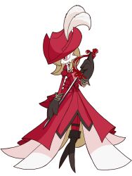 ascot black_boots black_gloves bob_cut boots closed_mouth clothed_pokemon coat colored_skin dot_mouth final_fantasy final_fantasy_xiv gardevoir gen_3_pokemon gloves green_hair hat hat_feather highres holding holding_sword holding_weapon monya nintendo no_feet pants pokemon rapier red_coat red_hat red_mage_(final_fantasy) red_pants short_hair solo sword weapon white_ascot white_skin